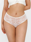 White mid-rise lace brief with floral patterns and comfortable ruffled leg openings.