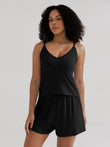 Black modal cami and shorts pajama set with V-neck and adjustable drawstring shorts.
