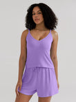 Lavender modal cami and shorts pajama set with spaghetti straps and adjustable drawstring waist.