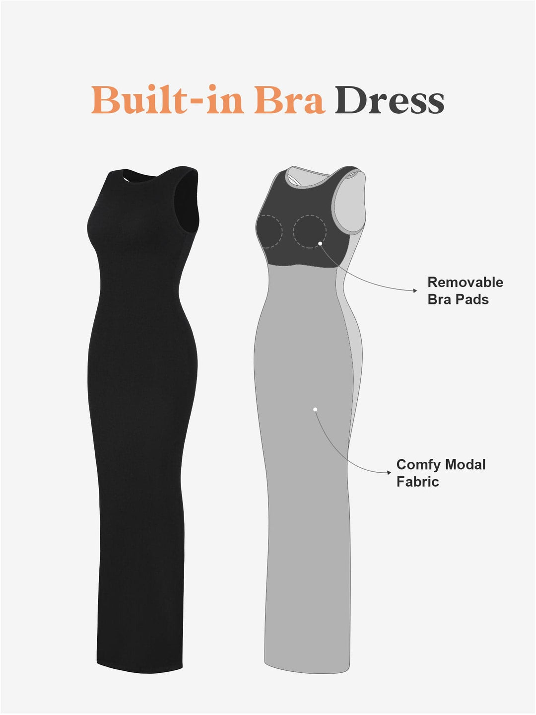 Maxi dress with built-in bra pads and comfy modal fabric, designed by Popilush® .