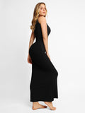 Sleek black sleeveless crew neck maxi dress on model showcasing a fitted design by Popilush® .