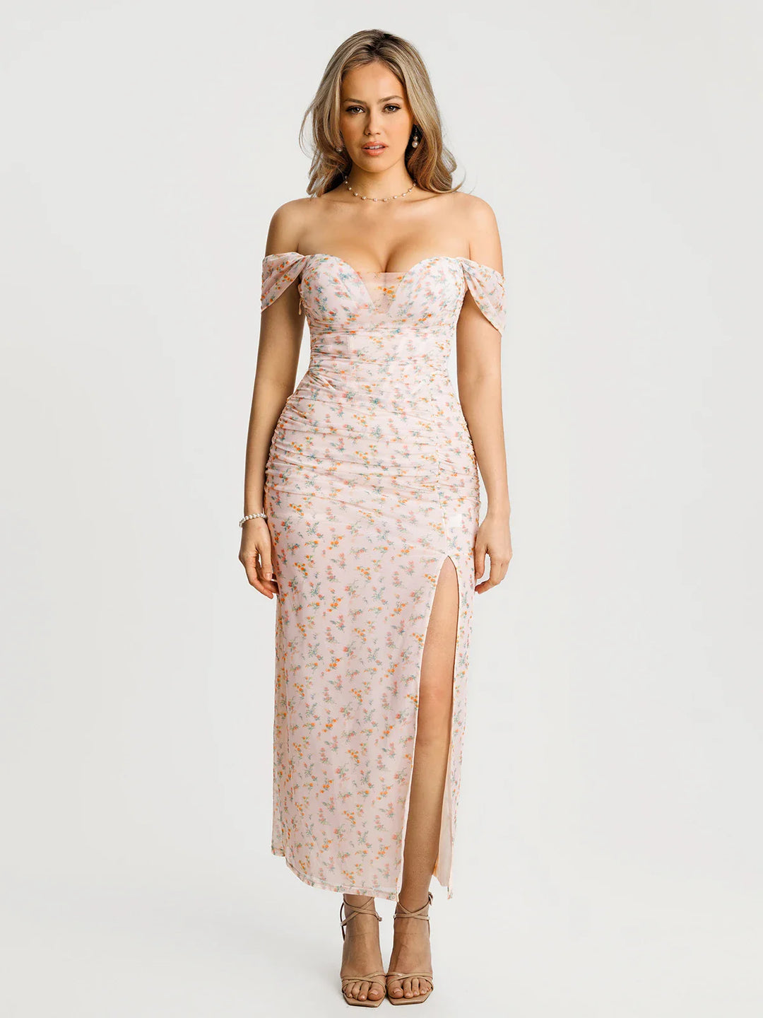 Popilush® Off-The-Shoulder Sculpting Floral Print Maxi Dress