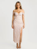 Popilush® Off-The-Shoulder Sculpting Floral Print Maxi Dress