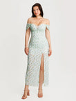 Popilush® Green Floral / XS Off-The-Shoulder Sculpting Floral Print Maxi Dress