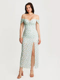 Popilush® Green Floral / XS Off-The-Shoulder Sculpting Floral Print Maxi Dress
