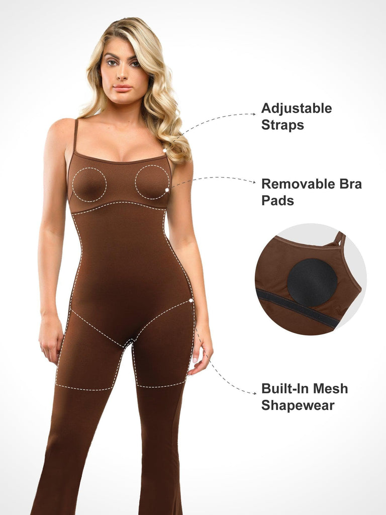 Spliced Mesh One-Sleeve Flare Leg Jumpsuit