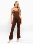 Brown strappy one-piece flare leg shapewear jumpsuit, butt lift