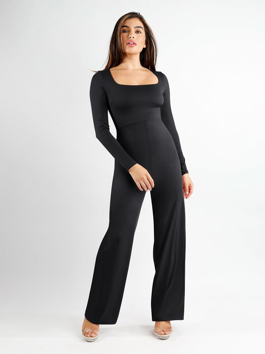 Popilush Black Jumpsuit for Women with Tummy Control Long Sleeve
