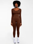 Popilush® Brown / XS Popilush Ribbed U Neck Built-in Bra Tummy Control Jumpsuit