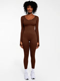 Popilush® Brown / XS Popilush Ribbed U Neck Built-in Bra Tummy Control Jumpsuit