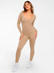 Popilush® Champagne / XS Popilush Ribbed U Neck Built-in Bra Tummy Control Jumpsuit