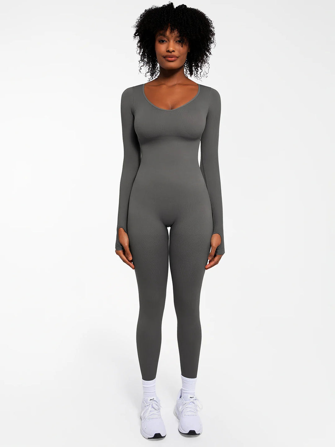 Popilush® Grey / XS Popilush Ribbed U Neck Built-in Bra Tummy Control Jumpsuit