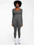 Popilush® Grey / XS Popilush Ribbed U Neck Built-in Bra Tummy Control Jumpsuit