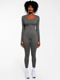 Popilush® Grey / XS Popilush Ribbed U Neck Built-in Bra Tummy Control Jumpsuit