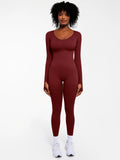 Popilush® Jujube Red / XS Popilush Ribbed U Neck Built-in Bra Tummy Control Jumpsuit