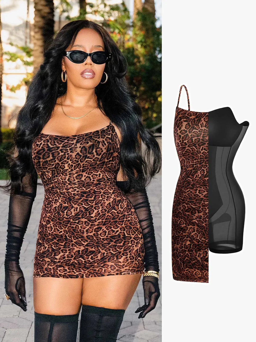 Popilush® Bodycon Summer Vacation Dinner Party Cocktail Drss Leopard / S Popilush X Angela Shapewear Mesh Tummy Control Adjustable Strap Slip Dress