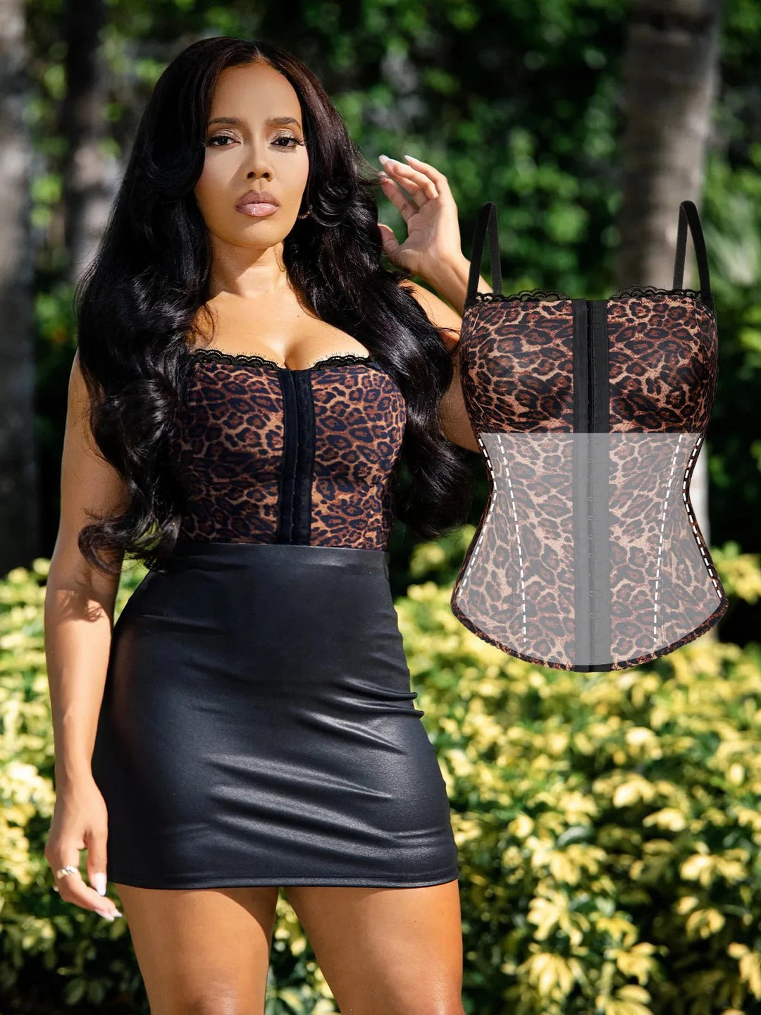 Popilush® Popilush X Angela Shapewear Sculpting Leopard Mesh Detachable Strap Corset Top