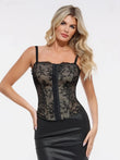 Black leopard mesh corset top with lace trim and detachable straps, featuring hook-and-eye front closure.