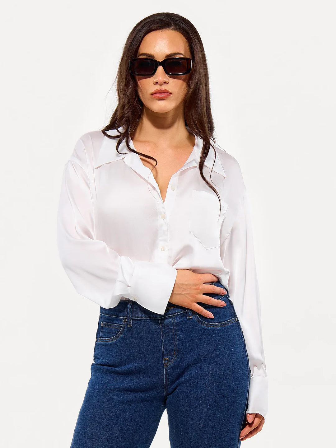 Popilush® Poplin Long Sleeve Silky Shirt Tummy Control Bodysuit