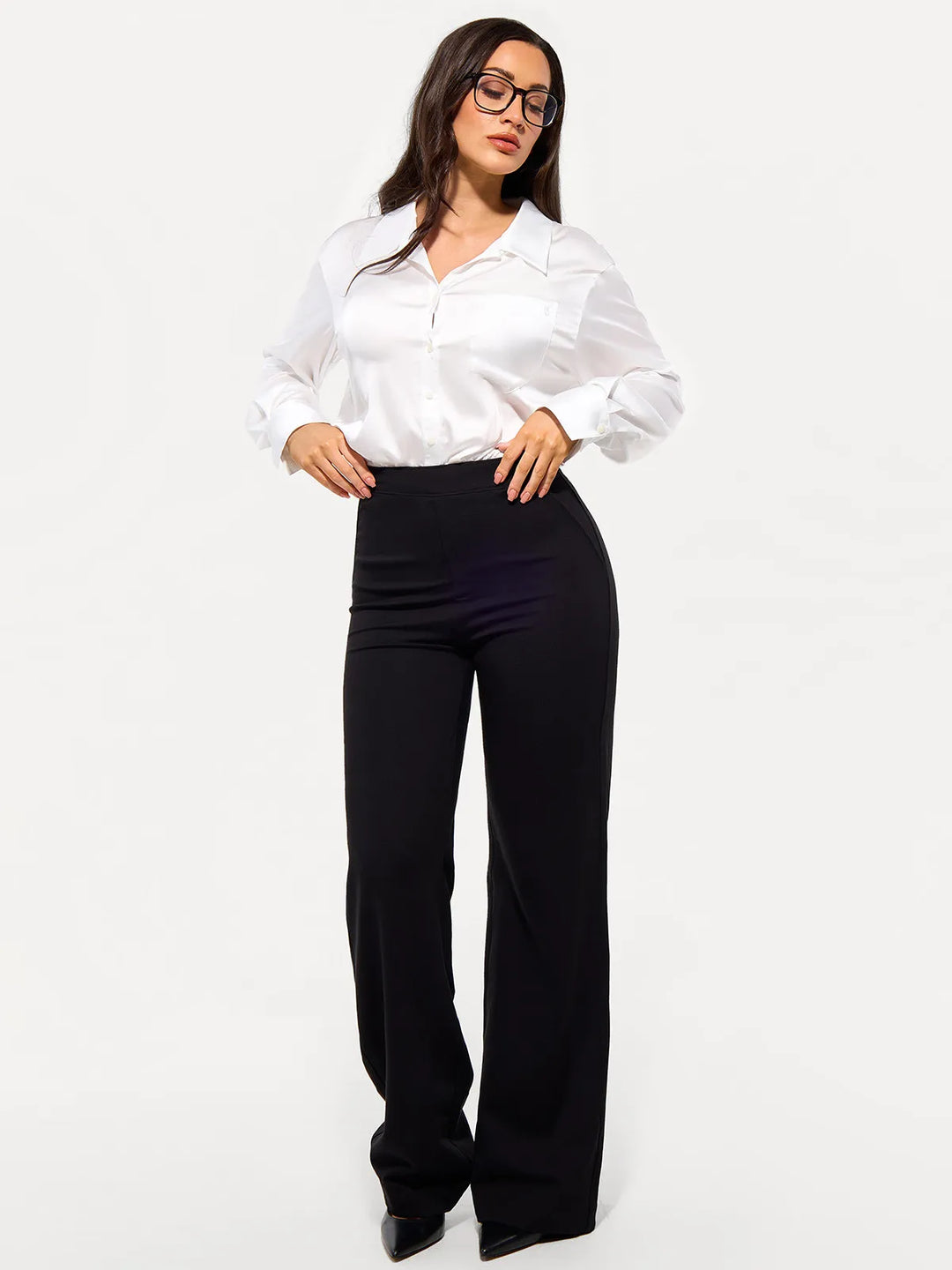 Popilush® Poplin Long Sleeve Silky Shirt Tummy Control Bodysuit