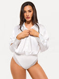 Popilush® Poplin Long Sleeve Silky Shirt Tummy Control Bodysuit
