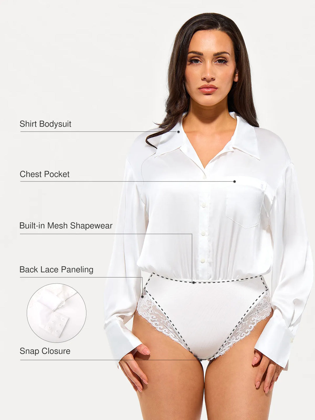 Popilush® Poplin Long Sleeve Silky Shirt Tummy Control Bodysuit