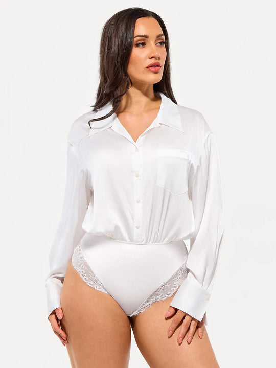Popilush® White / XS Poplin Long Sleeve Silky Shirt Tummy Control Bodysuit