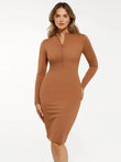 Redtag Thermal Shapewear Long Sleeve Mock Neck Midi Dress in brown with front zipper