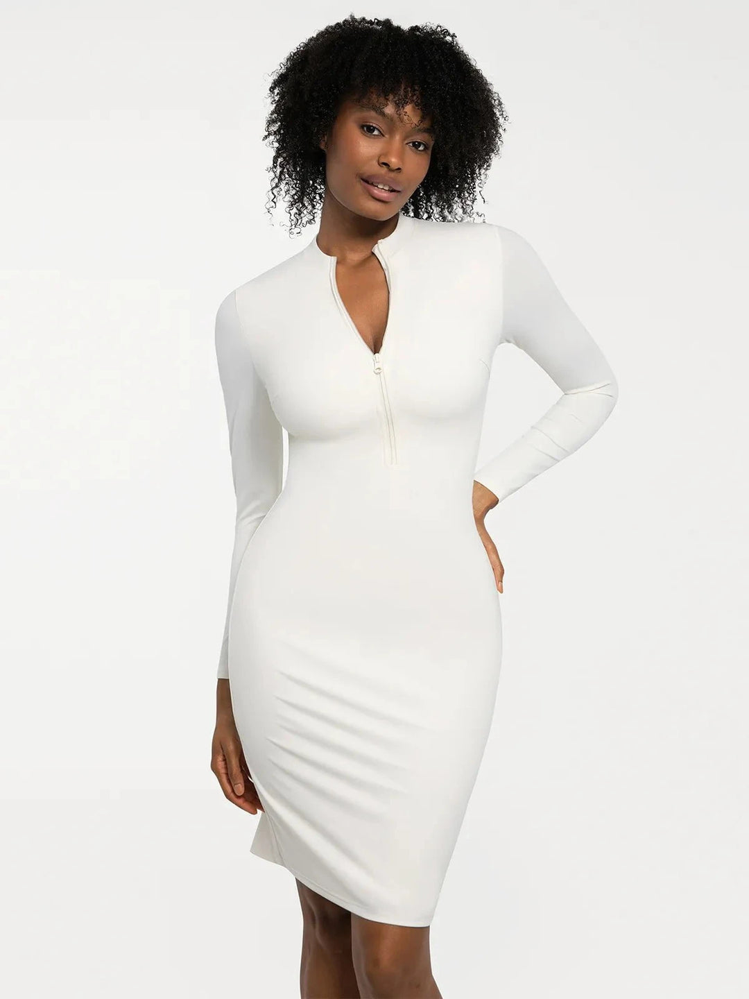 Popilush® Formal Bodycon Party Cocktail Warm Gown Winter White / XS Redtag Thermal Shapewear Long Sleeve Mock Neck Midi Dress