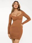 Brown thermal shapewear mini dress with long sleeves and sweetheart neckline.