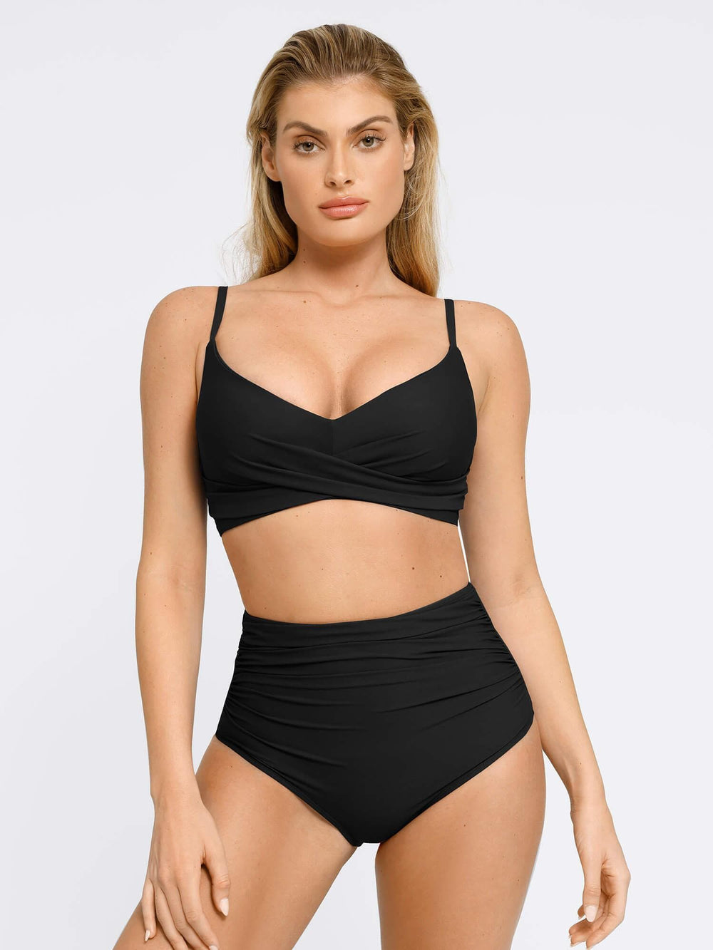 High-waisted black bikini set, perfect for tummy control, featuring Popilush®.