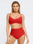 Popilush® red ruched high-waist bikini set. Shapewear swimwear with tummy control for women.