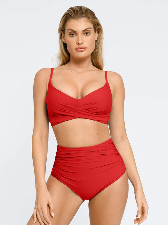 Popilush® red ruched high-waist bikini set. Shapewear swimwear with tummy control for women.