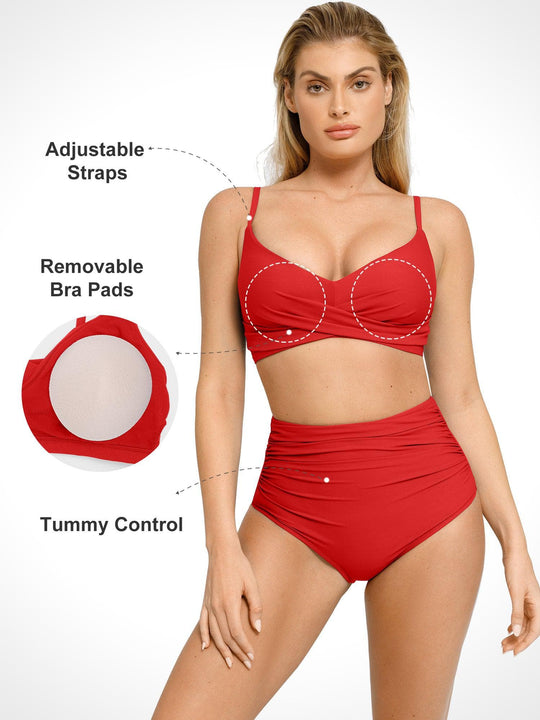 Popilush® red high-waisted bikini set, featuring adjustable straps, removable bra pads, and tummy control.