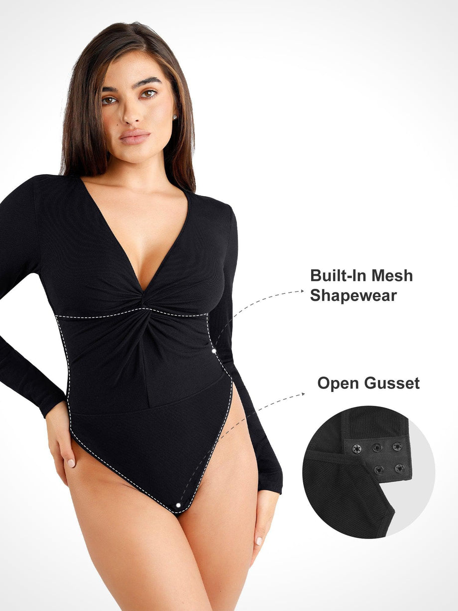 Women's Bodysuit Square Neck Top Black Long Sleeve Tummy Control Bodysuit  Shirts
