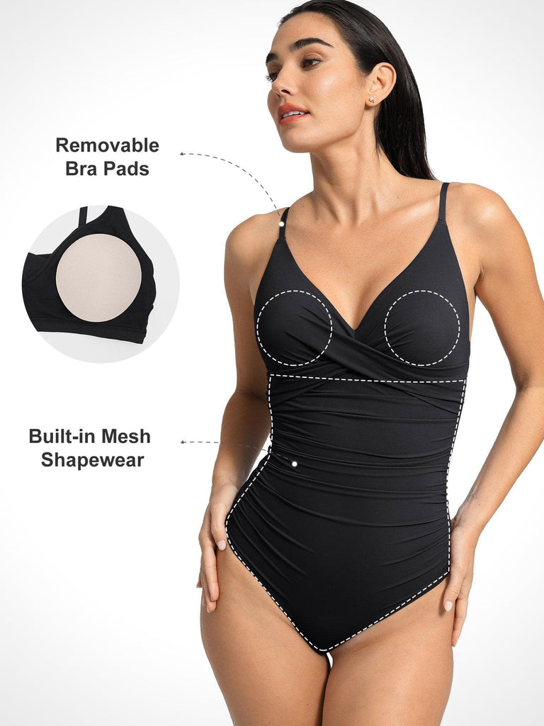 Popilush® Tummy Control Slimming Swimwear Ruched V-Neck One-Piece Shapewear Bodysuit Swimsuit