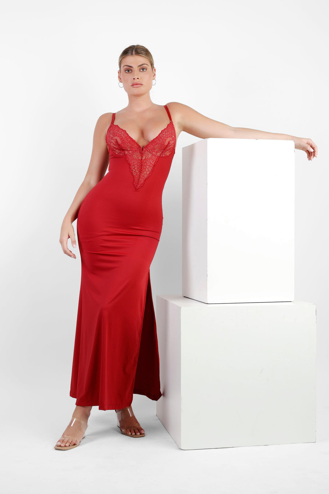 Shapewear Lace V Neck Side Slit Slimming Maxi Slip Dress – Popilush