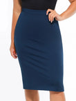 SculptEase Ponte Pencil Skirt in navy blue, designed for a streamlined silhouette and comfortable fit.