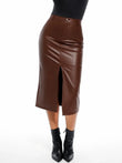 Brown faux leather contour skirt with front slit and black boots