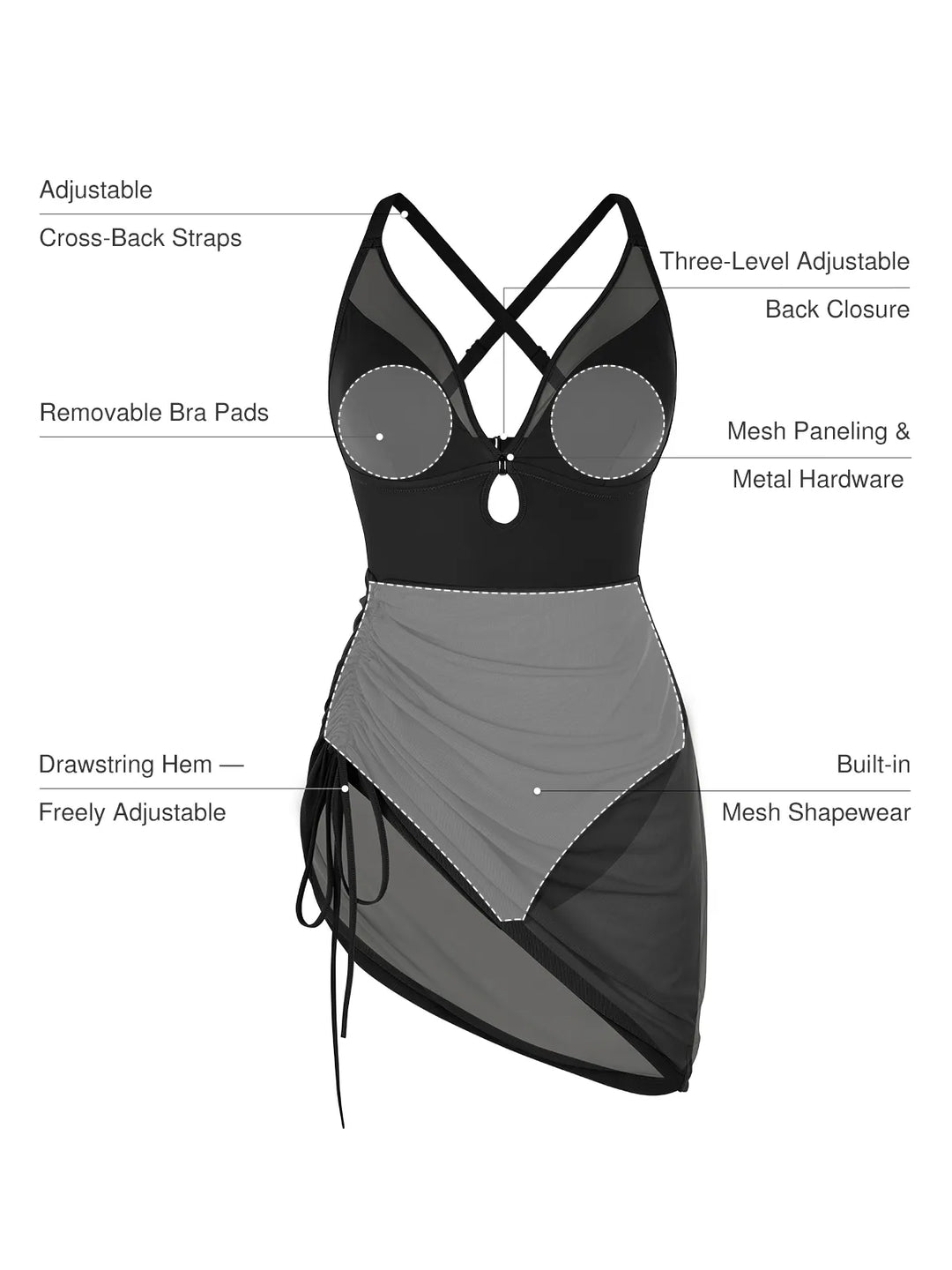 Popilush® Sculpting Curve Mesh Skirt One-Piece Swimsuit