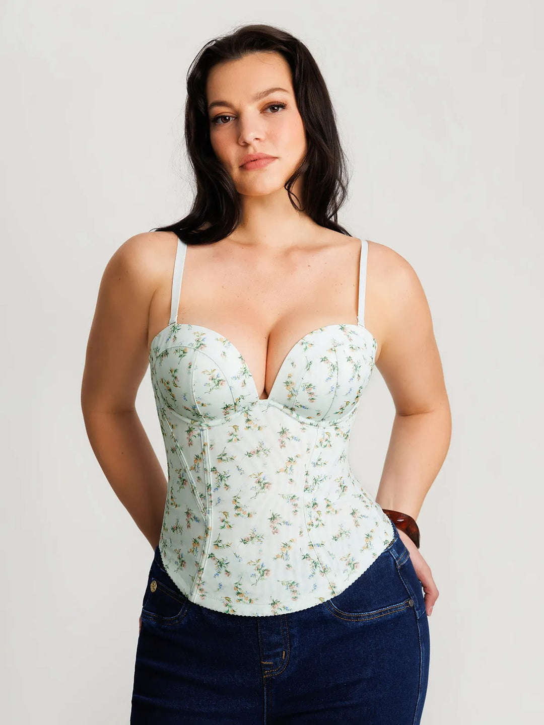 Popilush® Green Floral / XS Sculpting Floral Boned Convertible Strap Corset Top