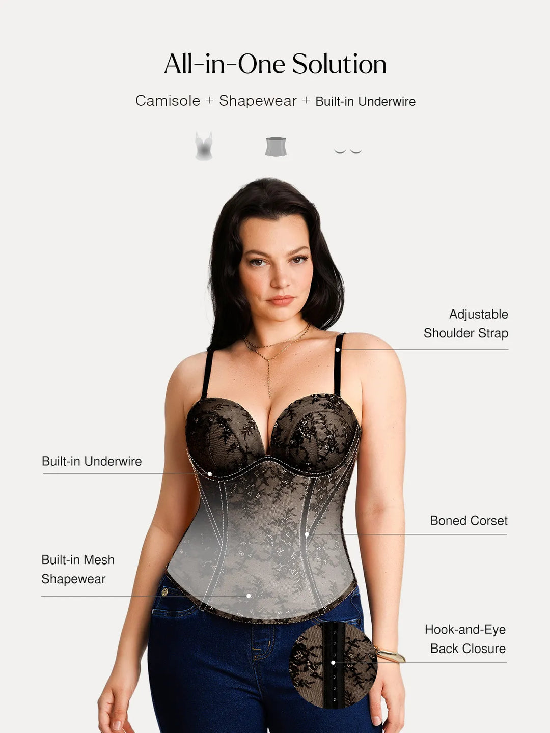 Popilush® Sculpting Lace Floral Boned Convertible Strap Corset Top
