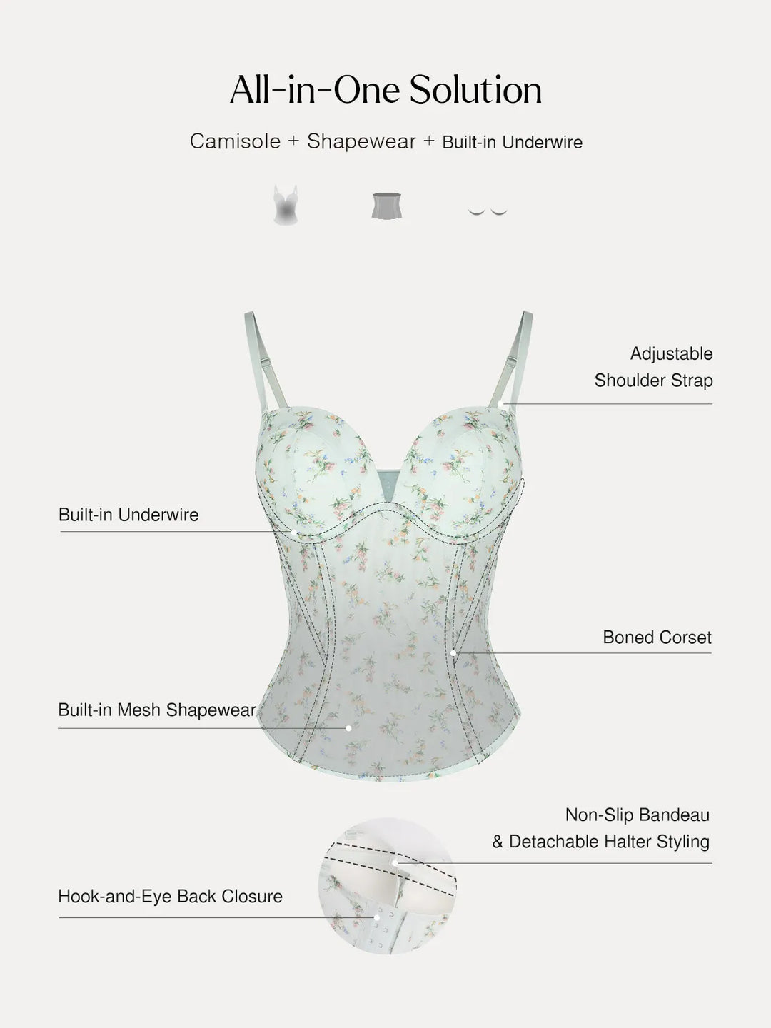 Popilush® Sculpting Lace Floral Boned Convertible Strap Corset Top