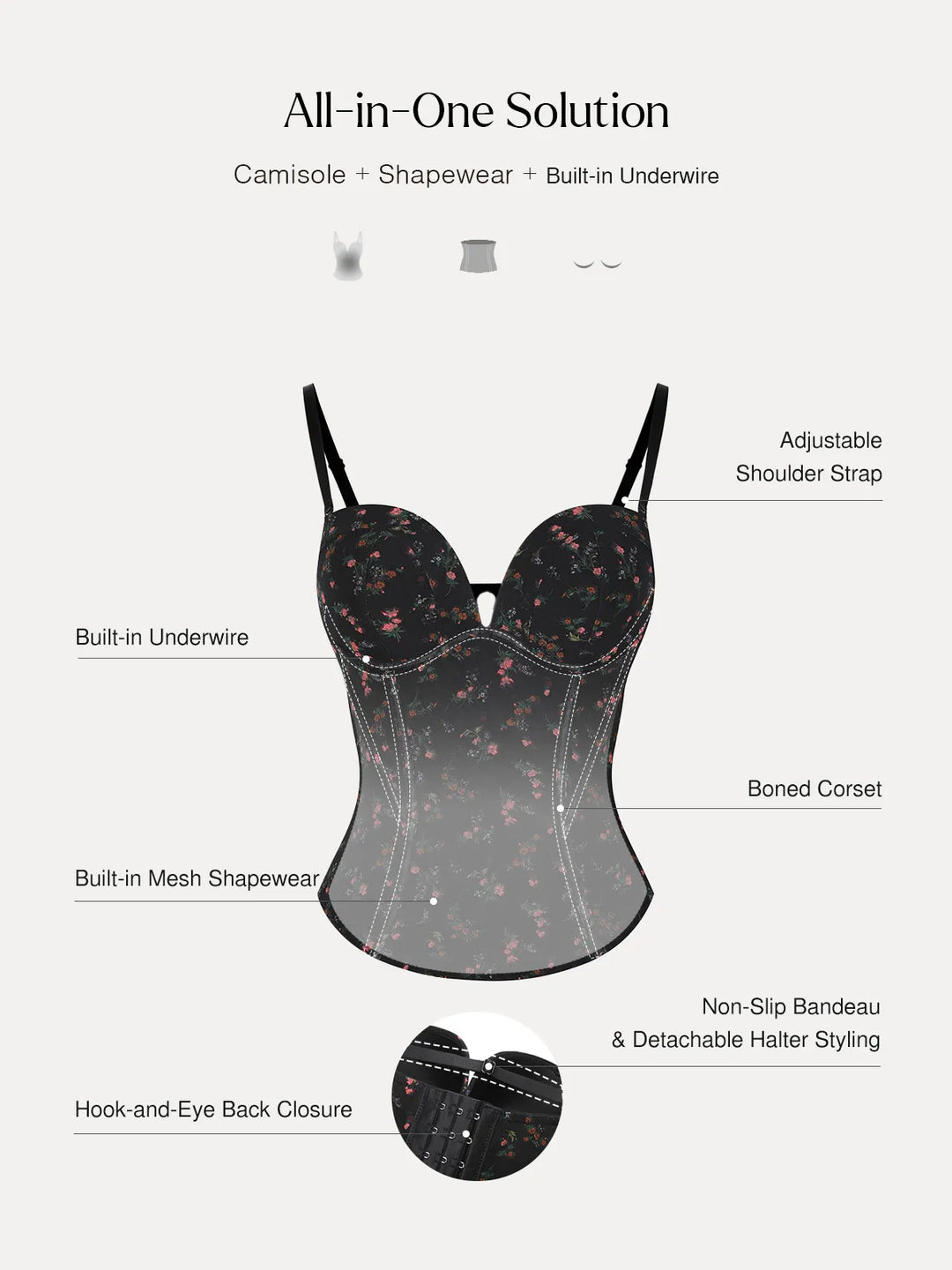 Popilush® Sculpting Lace Floral Boned Convertible Strap Corset Top