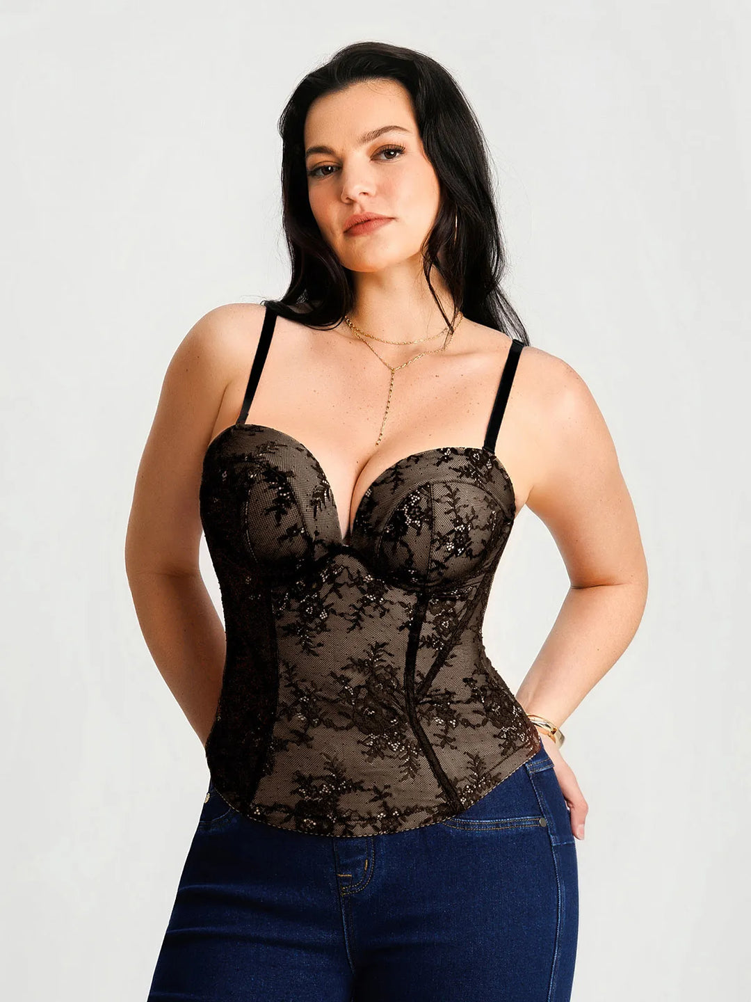 Popilush® Black Lace / XS Sculpting Lace Floral Boned Convertible Strap Corset Top