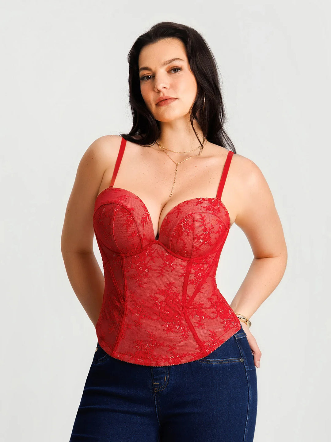 Popilush® Red Lace / XS Sculpting Lace Floral Boned Convertible Strap Corset Top