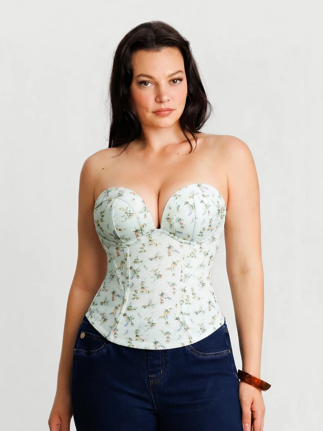 Popilush® Green Floral / XS Sculpting Push-Up Lace Floral Boned Convertible Strap Corset Top