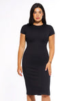 SculptWear black short sleeve fitted sheath dress on a model with a round neckline and seamless leg openings.