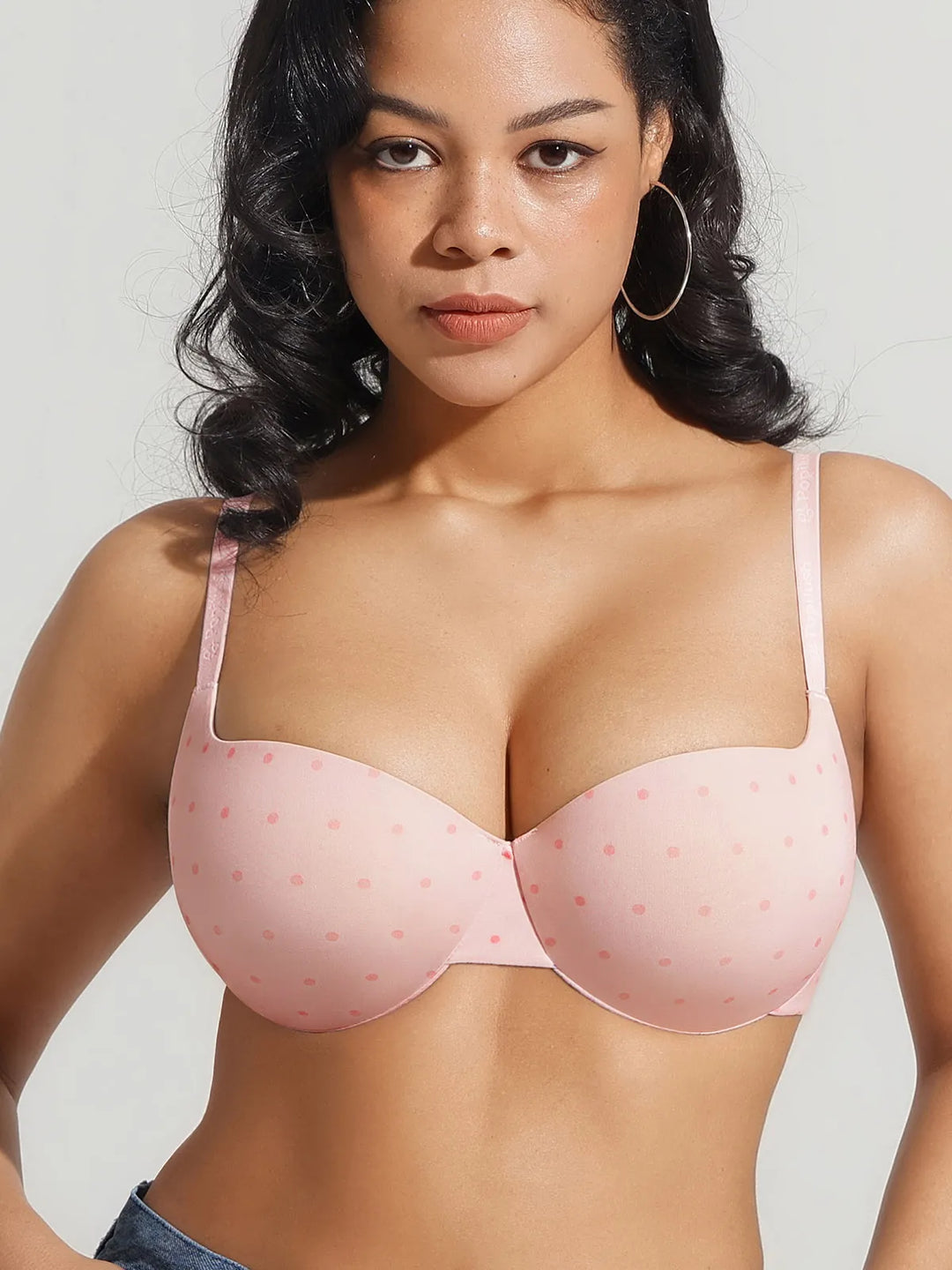 Popilush® Pink Polka Dot / 34C Seamless Balconette Push-Up T-shirt bra
