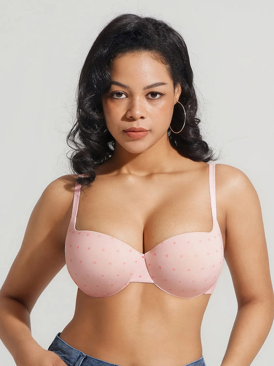Popilush® Pink Polka Dot / 34C Seamless Balconette Push-Up T-Shirt Bra